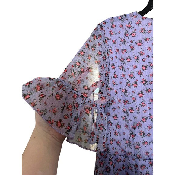 Showpo Wrap Dress Purple Floral Print V-Neck Short Sleeve Tie Waist Size 8 - Picture 3 of 7